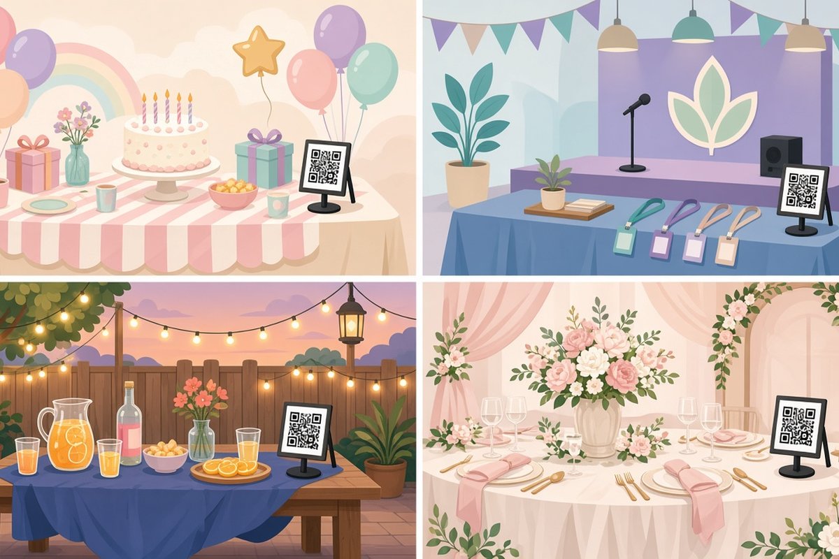 QR code photo sharing signs at a birthday, a company event, a party and a wedding