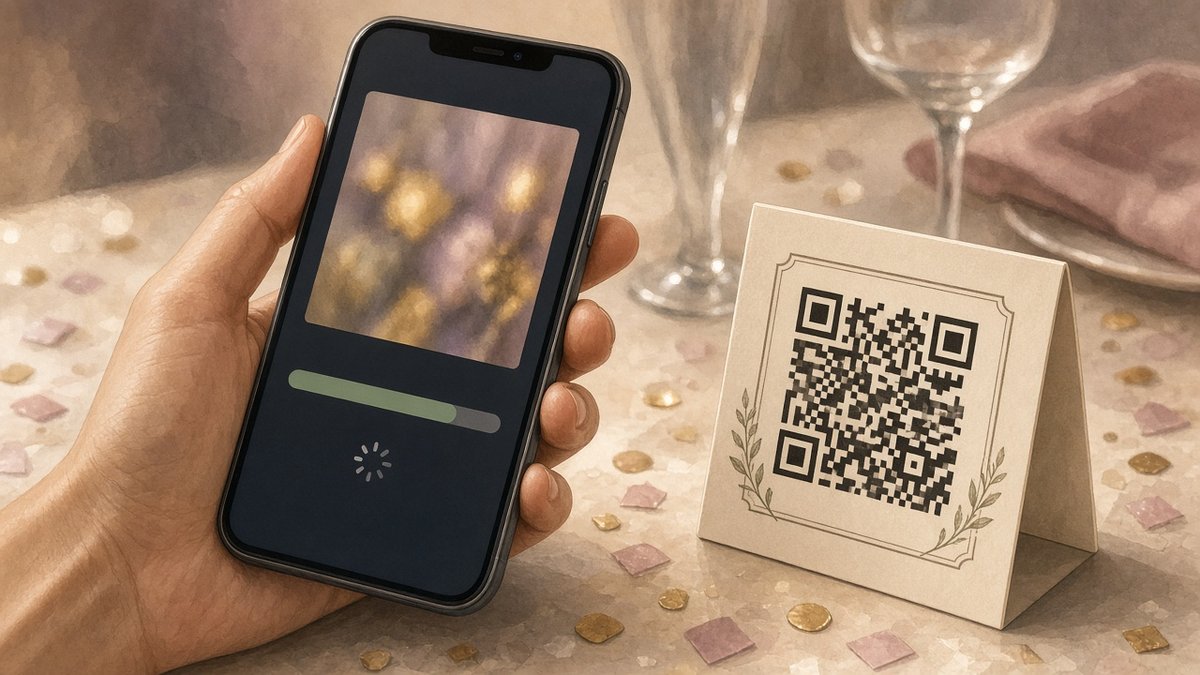 Guest scanning a QR code to add photos to the event slideshow