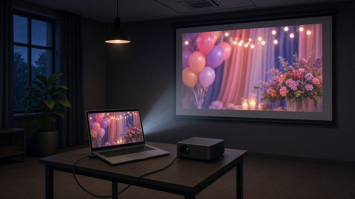 Laptop connected to a projector to show the live photo slideshow
