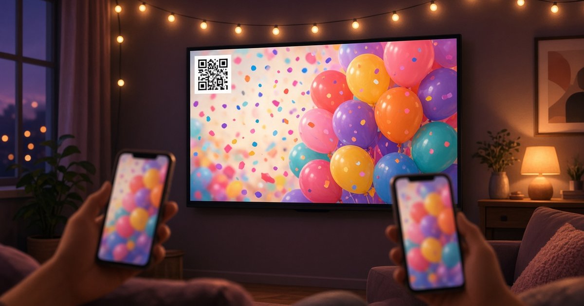TV showing a live slideshow of guest photos with a QR code to upload