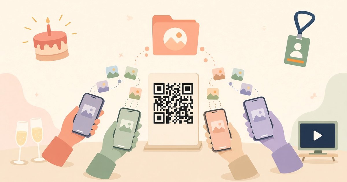 QR code card at an event with guests' phones uploading photos to one shared album